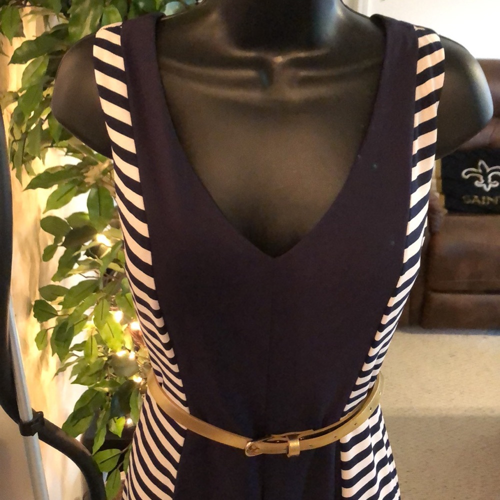 Navy & White Striped Dress with a Gold Belt - Picture 2 of 10